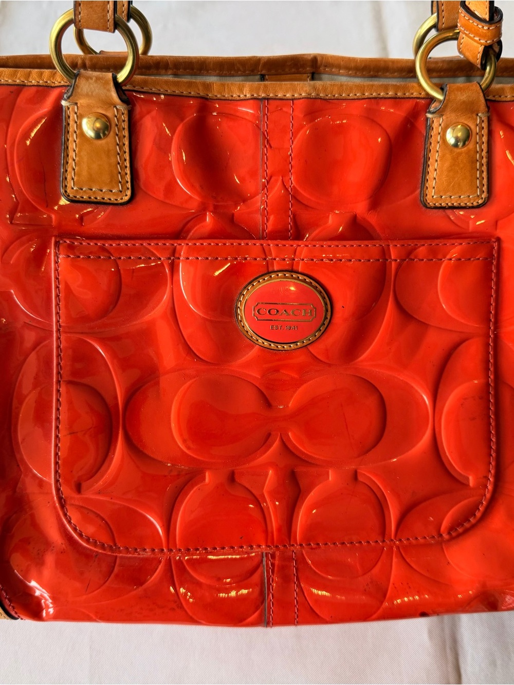 Coach Papaya Peyton Embossed Patent Leather Kisslock Orange Tote No F23722 - Picture 3 of 16